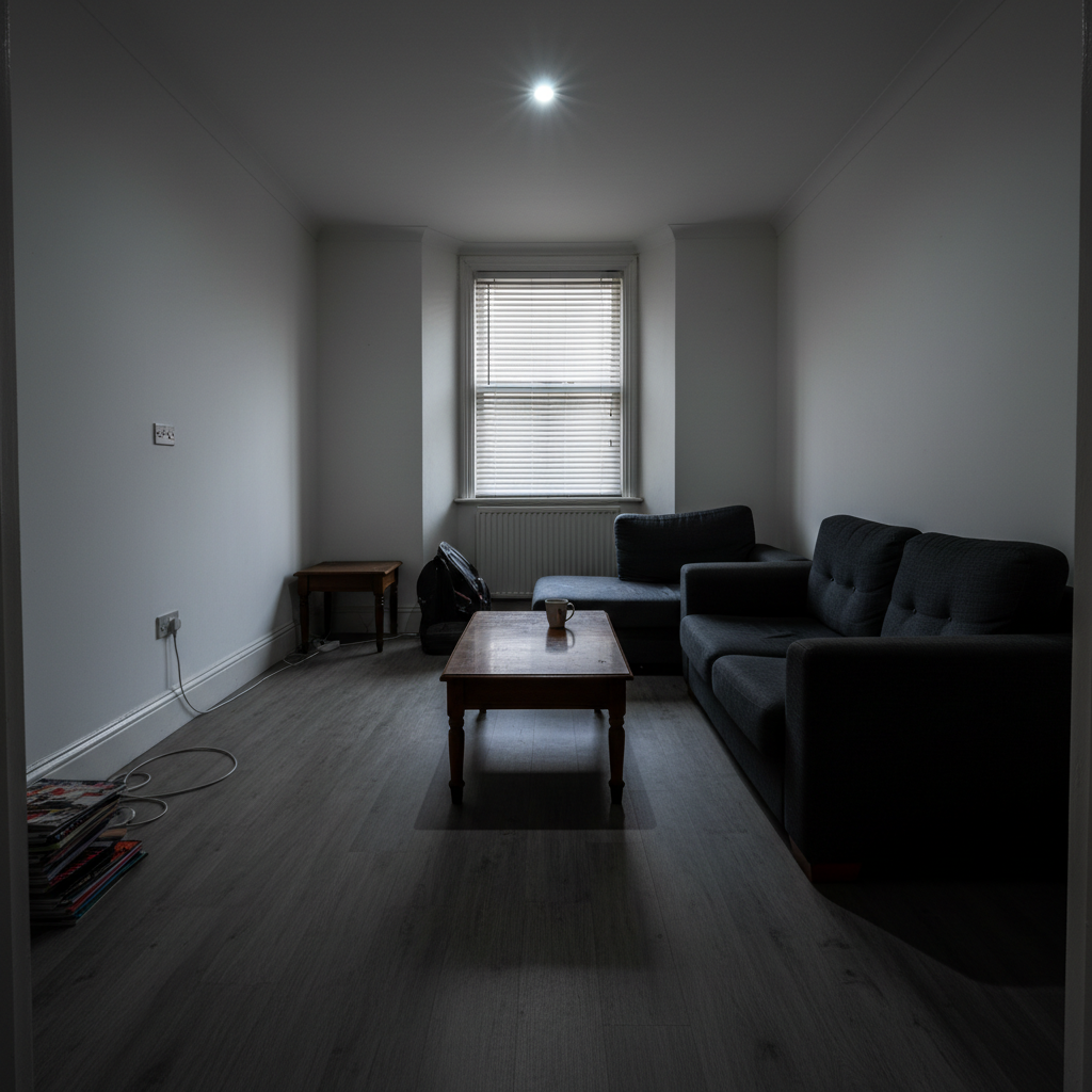 Before: a UK Victorian terrace living room with a single harsh cool-white ceiling light creating sharp shadows, glare and dark corners — a draining visual experience