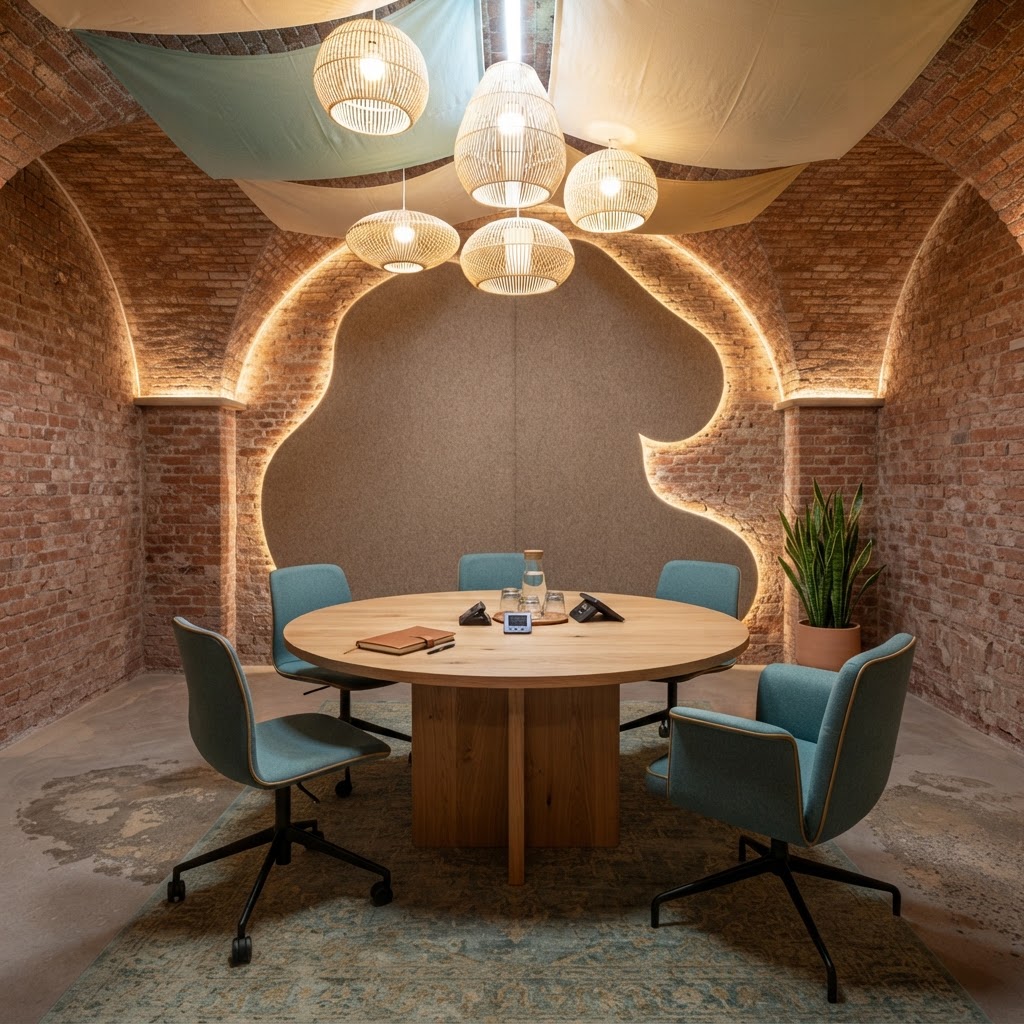 A converted brick arch meeting space with acoustic panels, mixed-height seating and warm gold accents