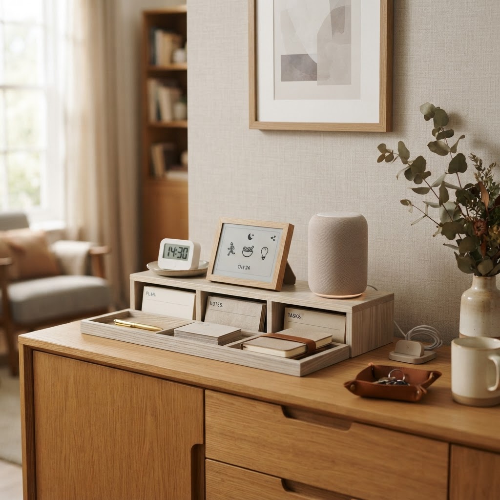 A tidy routine station with timer and reminders in a home setting.