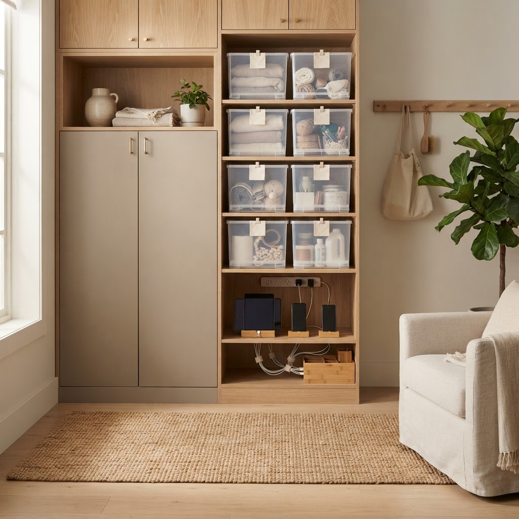 Calm storage and charging station that reduces visual clutter.