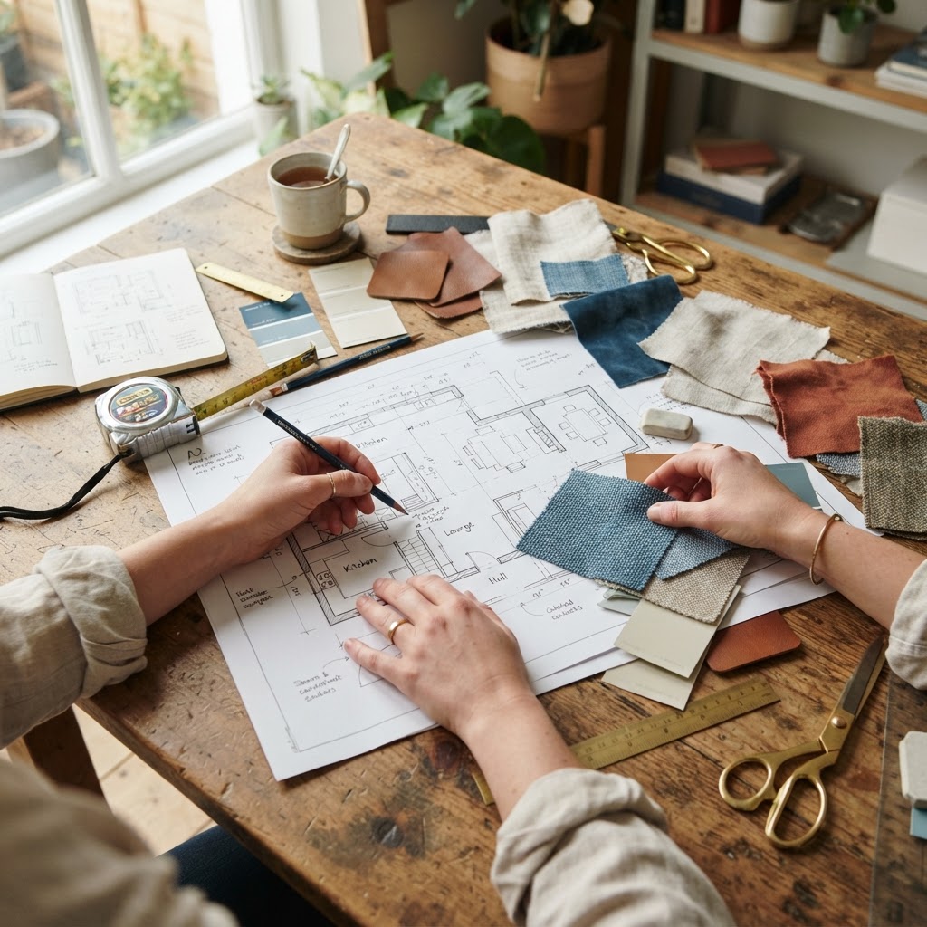 Hands working on a design plan with material samples on a wooden table
