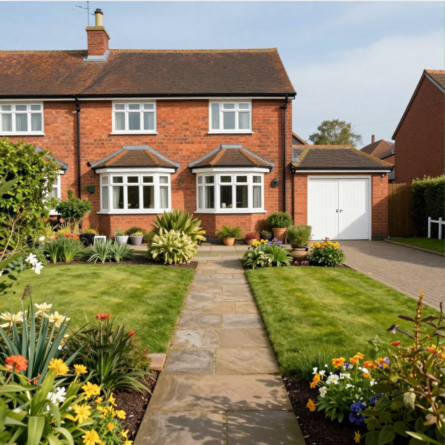 A photograph of a red brick semi detached British house with a stone garden path leading to the front door, with four numbered markers showing stages of a journey.