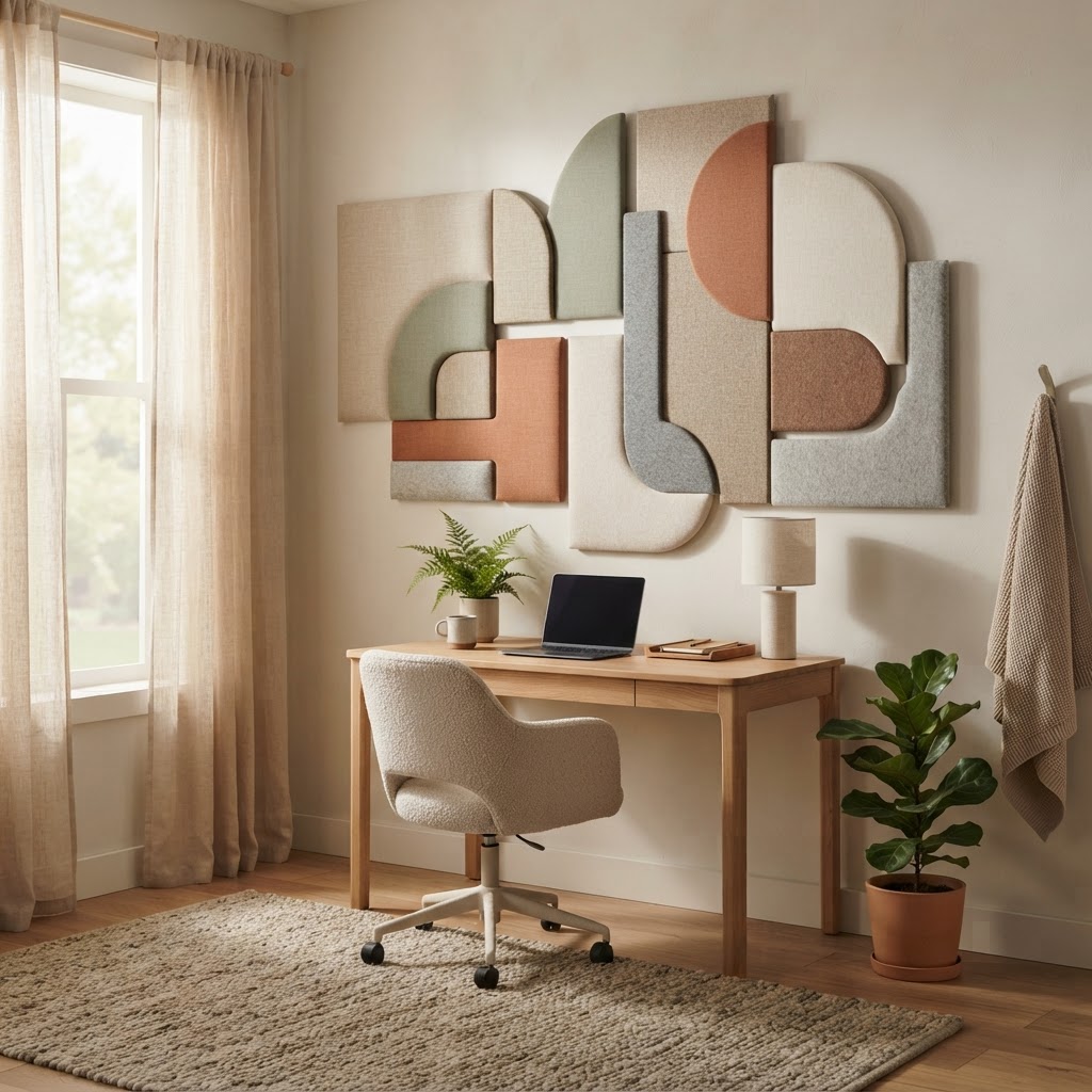 Decorative acoustic panels in a calm home workspace.
