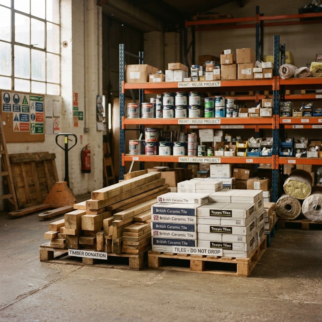 Donated construction materials neatly stacked in a UK warehouse