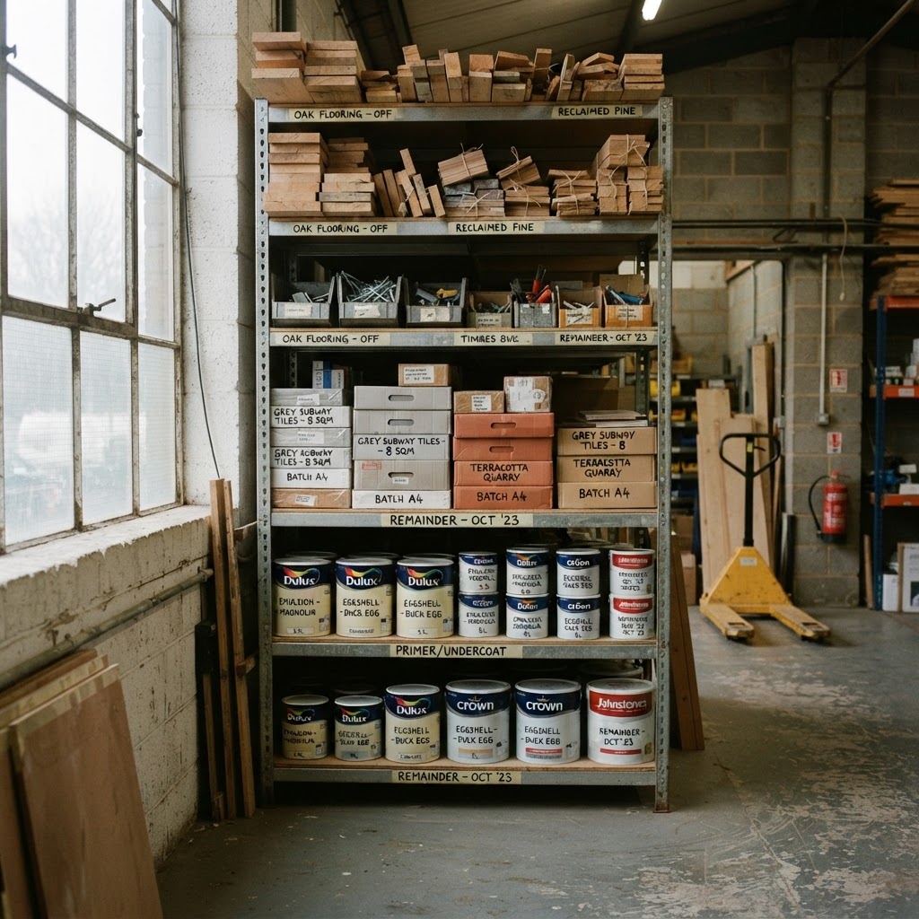 Neatly stacked and labelled surplus construction materials in a UK warehouse