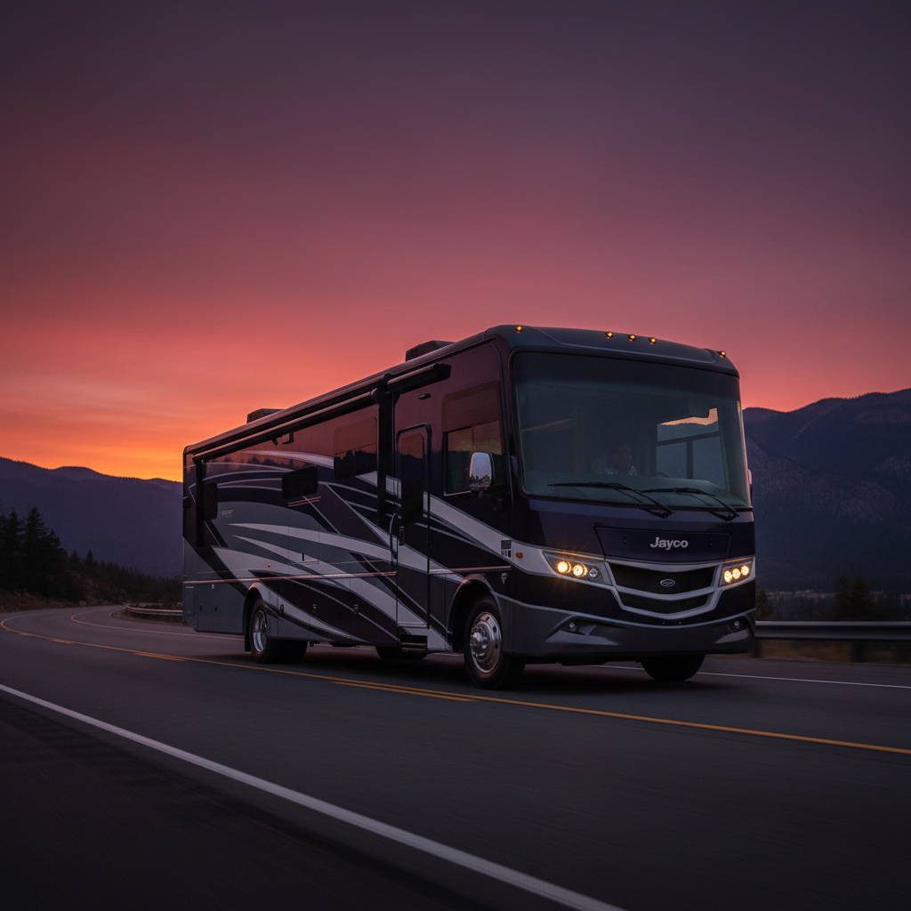 Modern RV driving along a scenic coastal highway at twilight