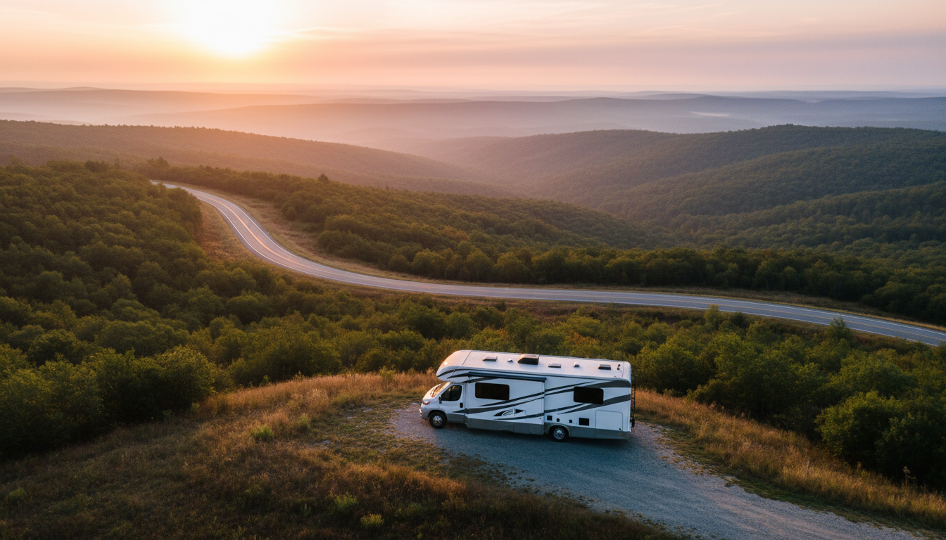 Aerial view of an RV at a scenic overlook at sunrise with expansive landscape