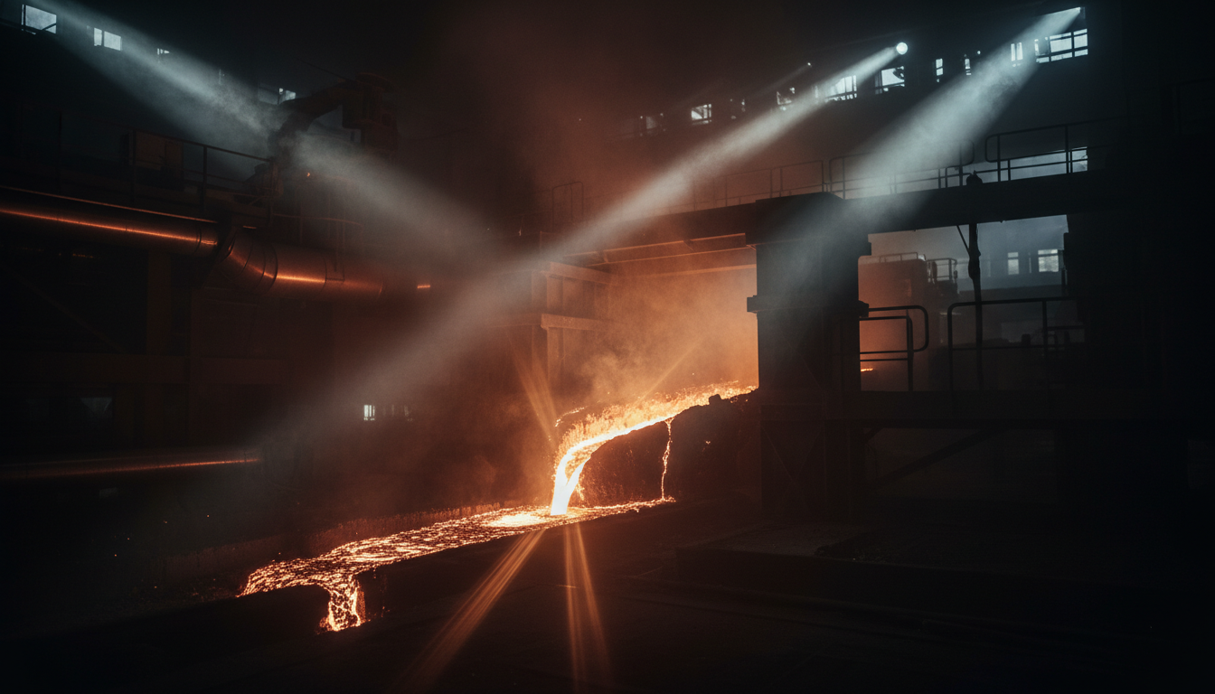 Molten copper flowing in industrial foundry