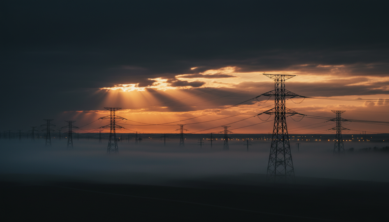 Atmospheric industrial landscape at dusk with amber lights