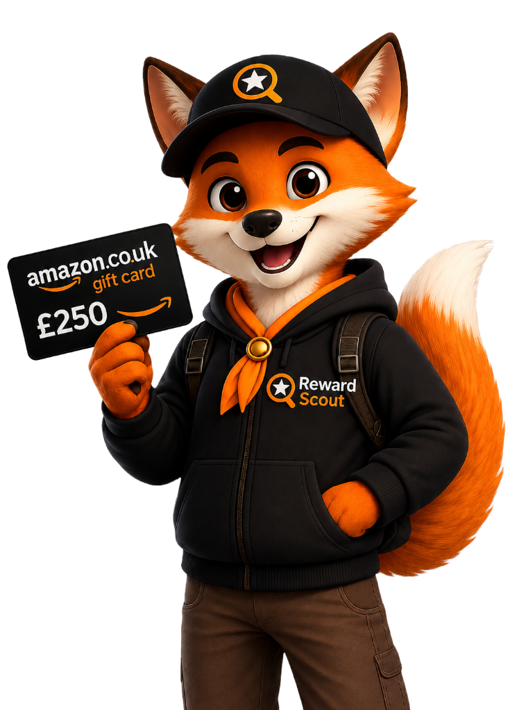 Reward Scout Fox Mascot holding £250 Amazon Gift Card