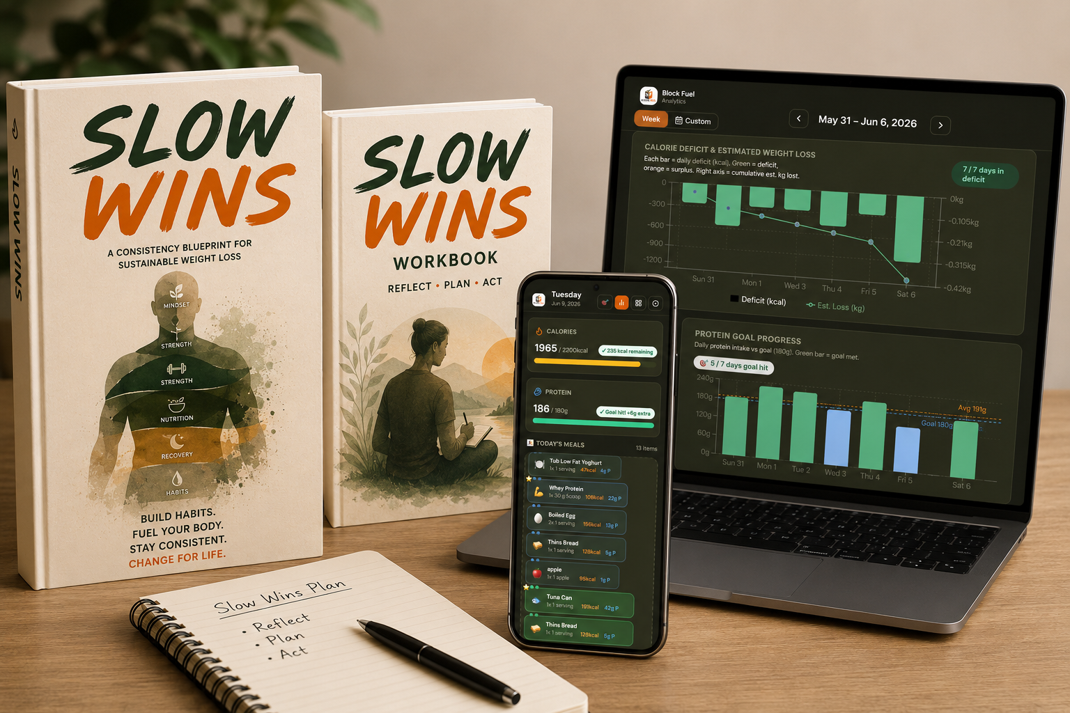 Slow Wins Blueprint — a book resting on an oak desk beside a glass of water