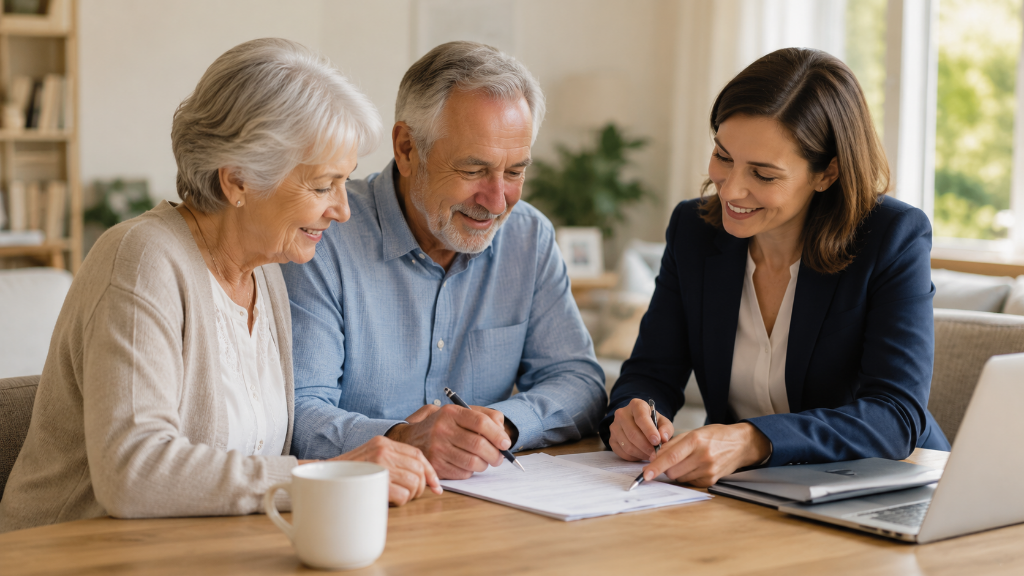 Couple reviewing Lasting Power of Attorney paperwork with an advisor