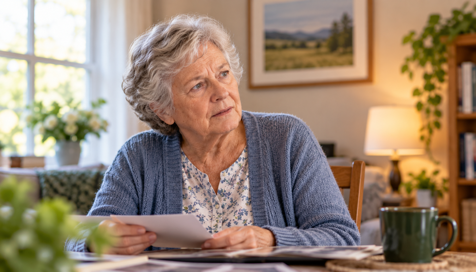 An older woman sitting at a table in her home, looking thoughtfully at a photograph she is holding