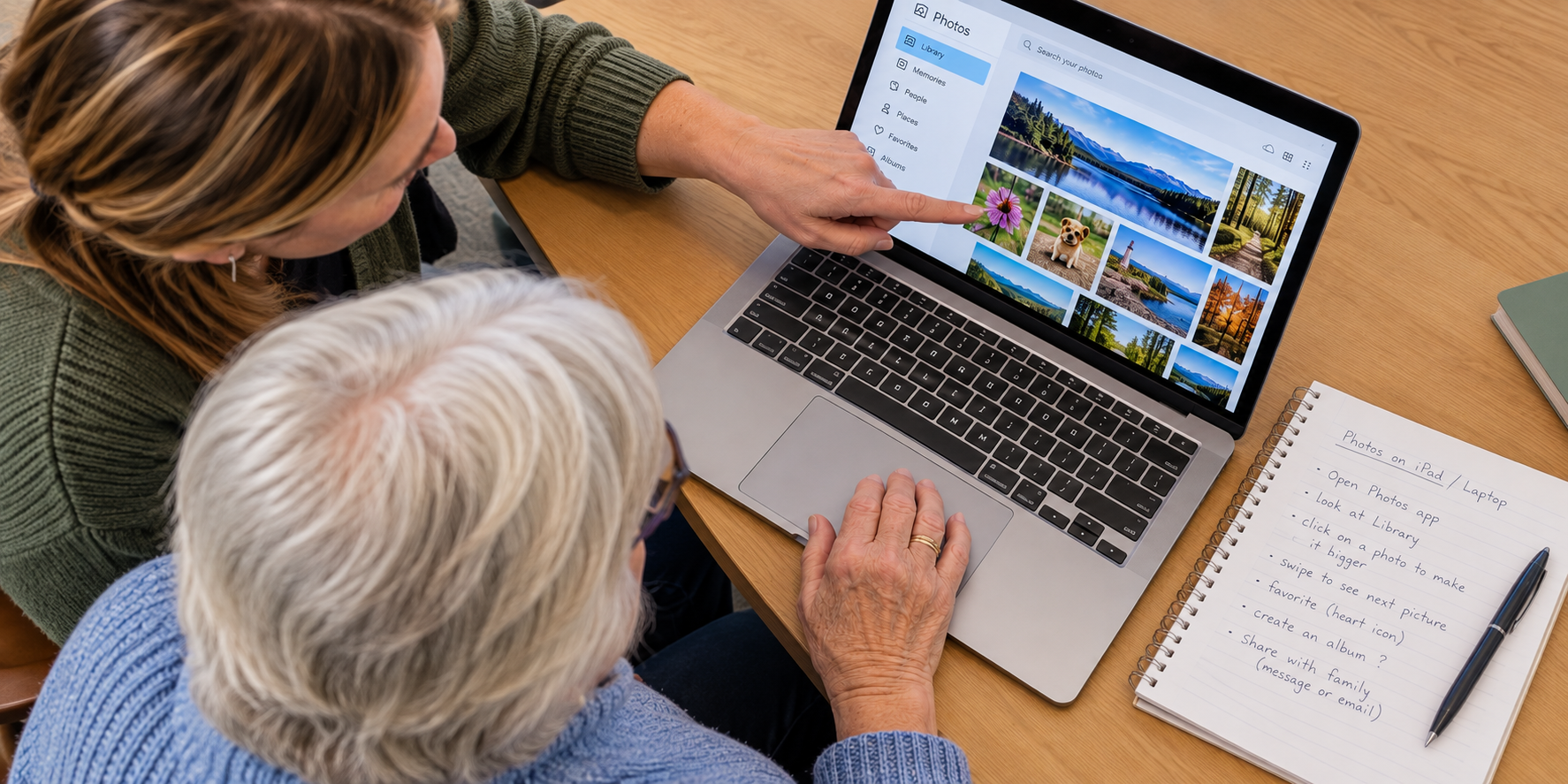 A volunteer helping an older woman learn to use the Photos app on a laptop