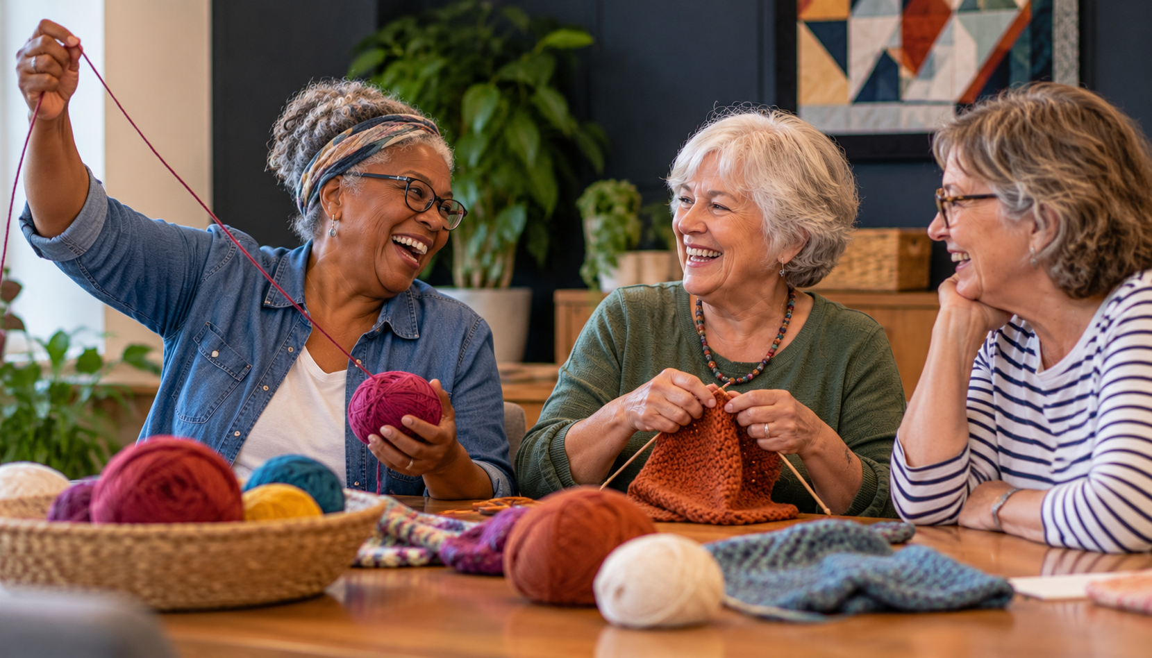 Three older women sitting around a table knitting and laughing together, surrounded by baskets of colorful yarn