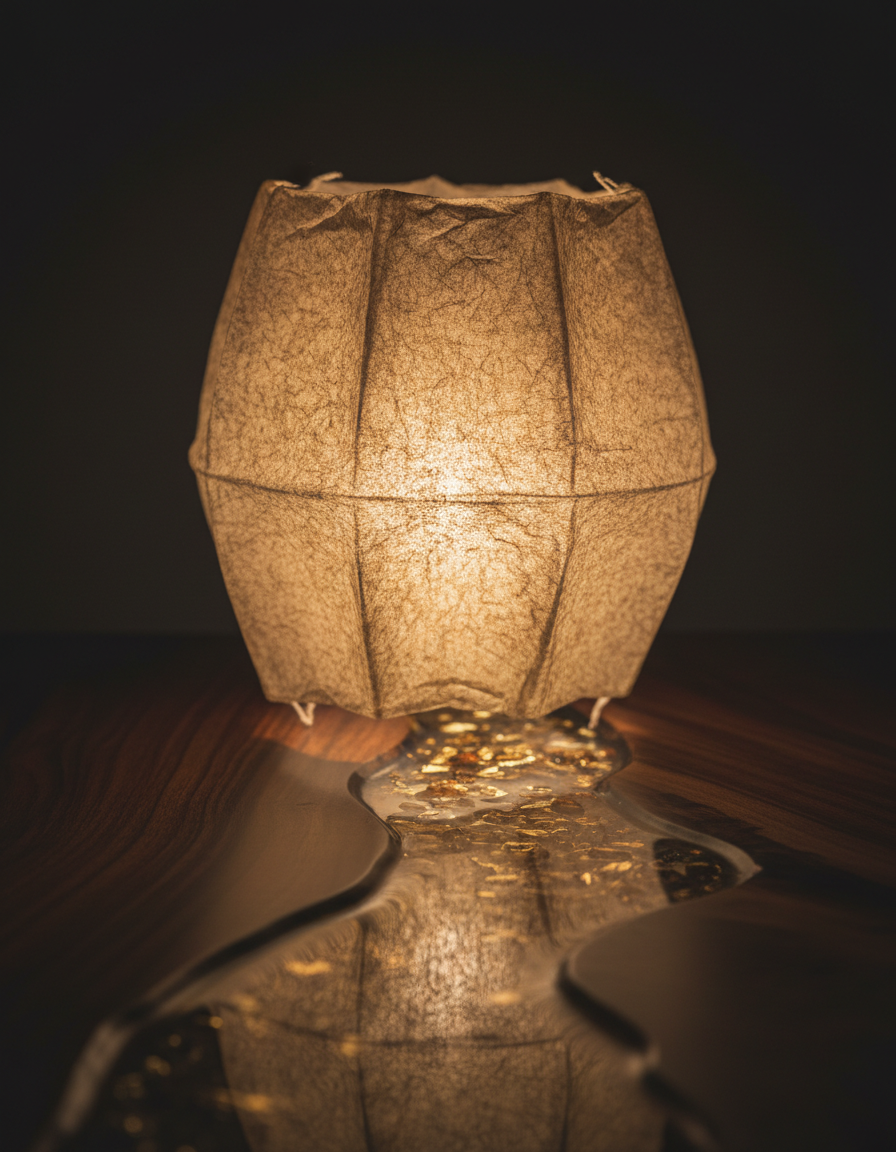 Warm glowing handmade rice paper lantern beside polished resin and wood details