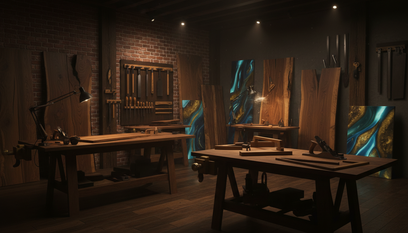 Atmospheric Lighthouse Craft workshop with hardwood slabs and resin forms under amber lights
