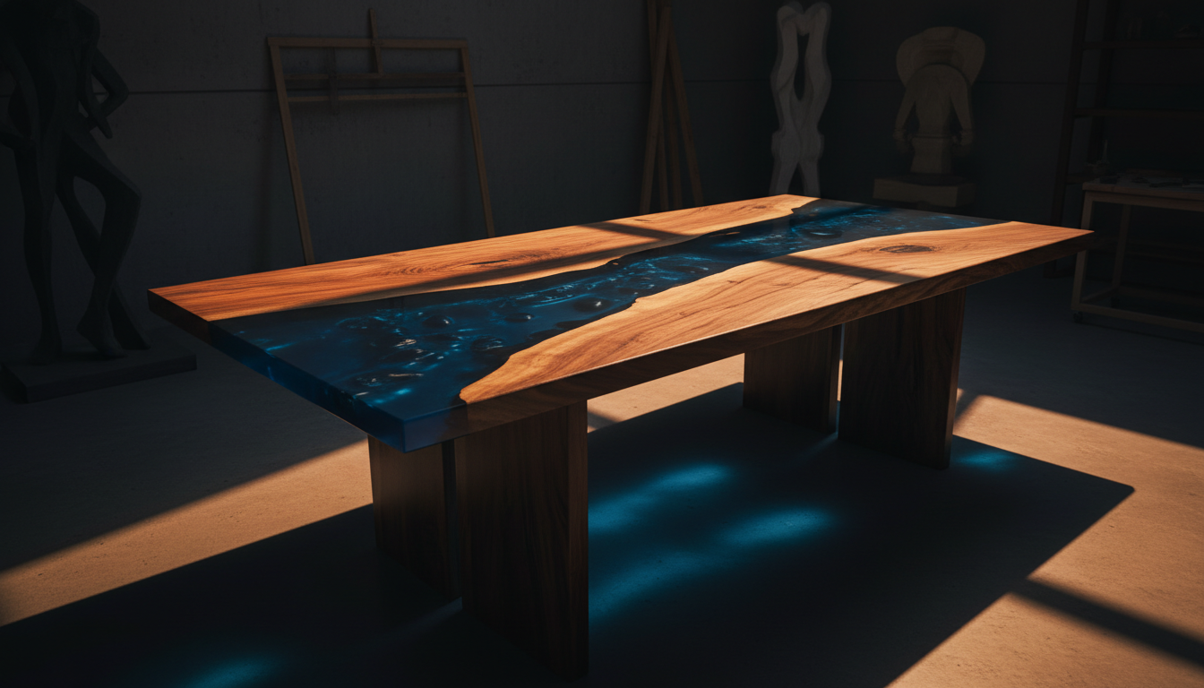 Handcrafted wood and blue resin river table glowing in a dark architectural atelier