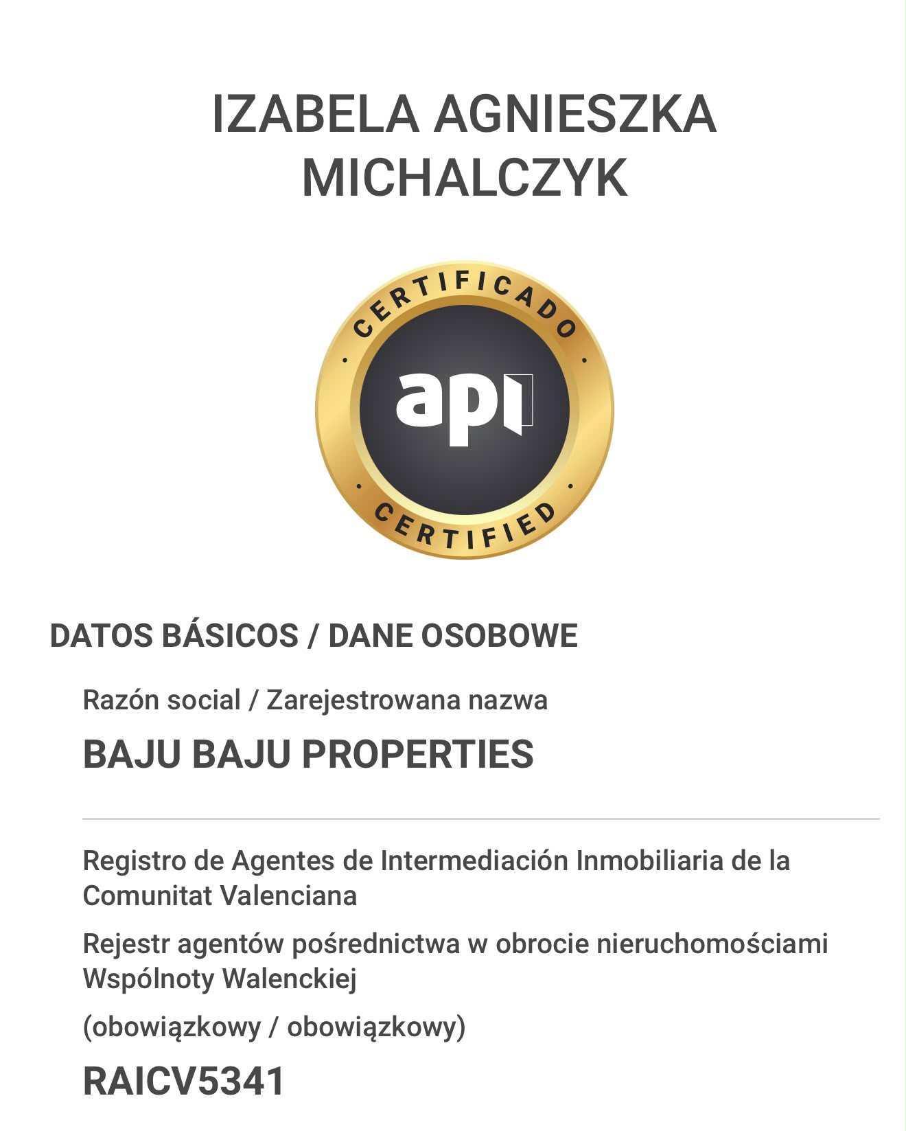 Karta agenta RAICV5341 — Izabela Agnieszka Michałczyk, Baju Baju Properties