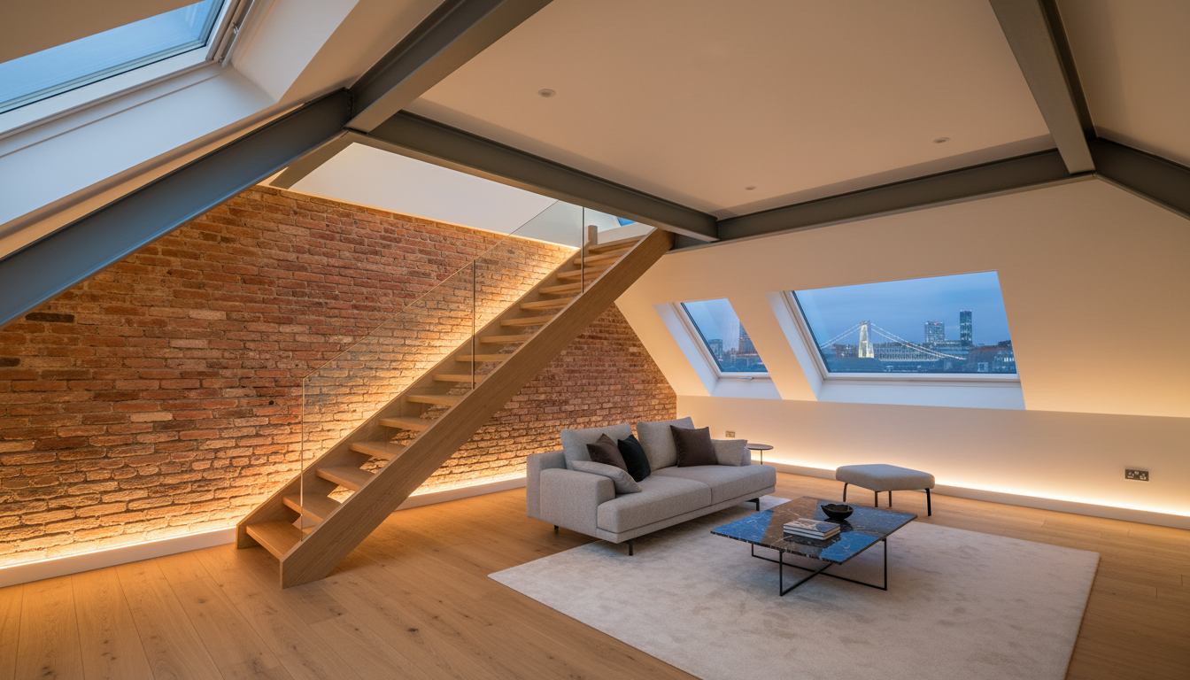 Luxury loft conversion interior with skylights and natural light