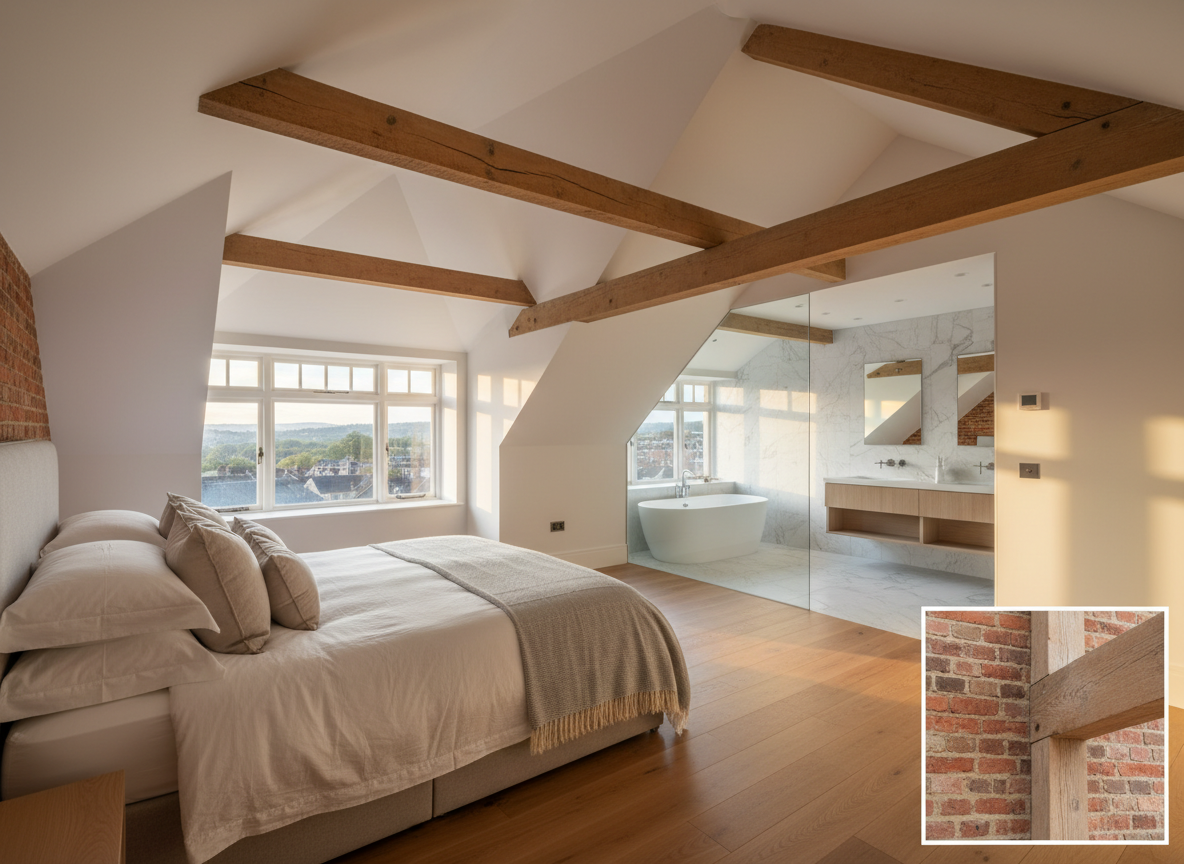 Luxury loft conversion master bedroom with dormer window and natural light