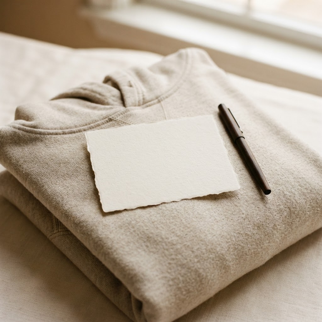 A handwritten note card resting on a folded hoodie, where the Endless Affection card began.