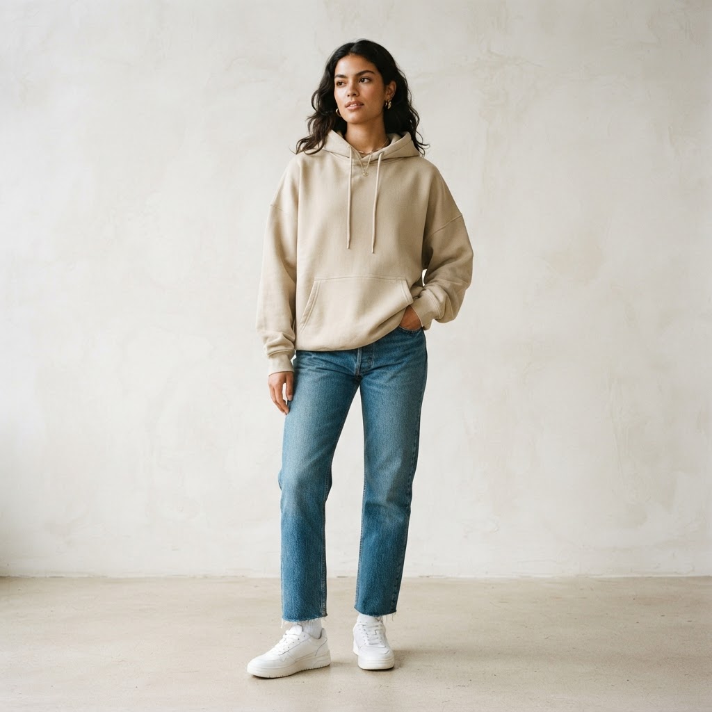 An oversized hoodie with straight leg denim, a classic way how to style an oversized hoodie.