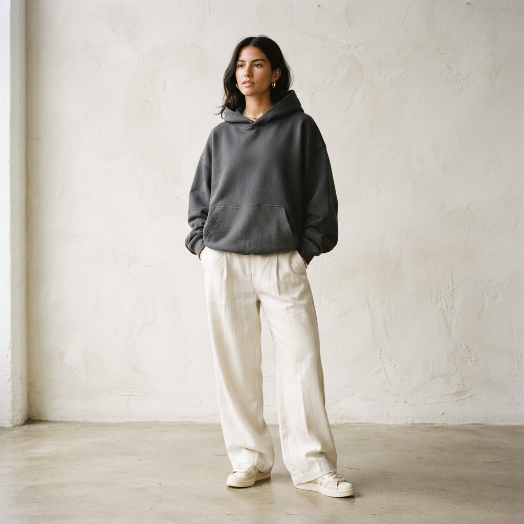 An oversized hoodie with wide leg ivory trousers, a clean way how to style an oversized hoodie.
