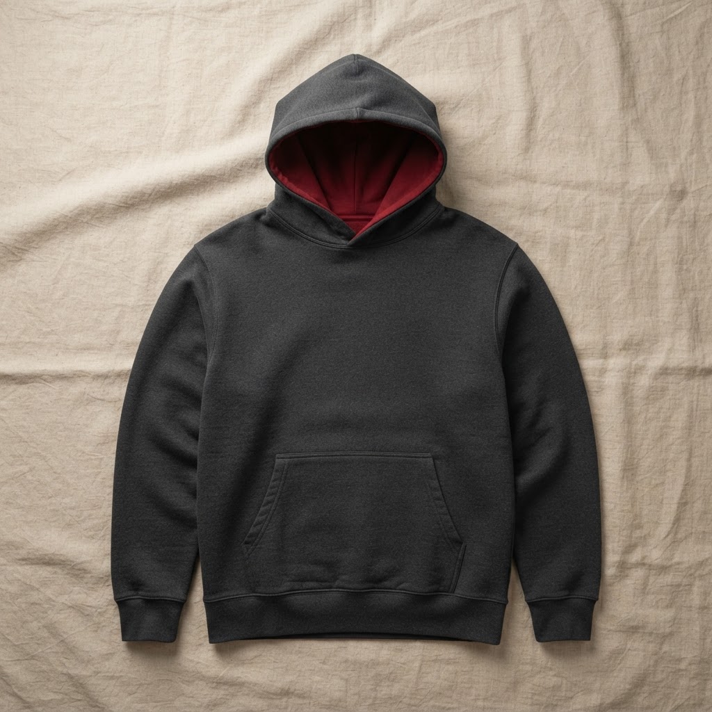 Charcoal heavyweight hoodie with a red lined hood laid flat on sand colored linen