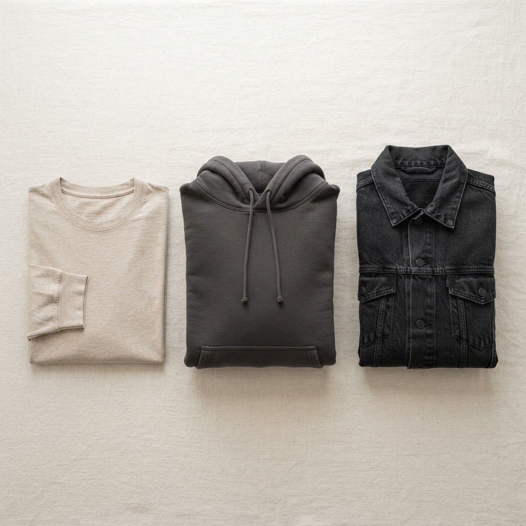 Flat lay showing a long sleeve tee, a heavyweight hoodie, and a denim jacket arranged from lightest to heaviest