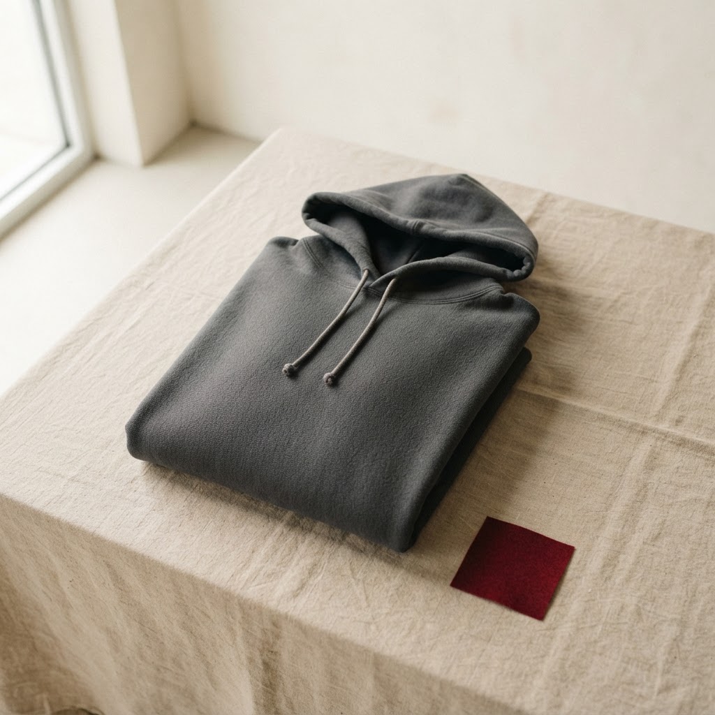 A luxury streetwear hoodie in charcoal heavyweight fleece, flat lay on sand linen with soft natural light.