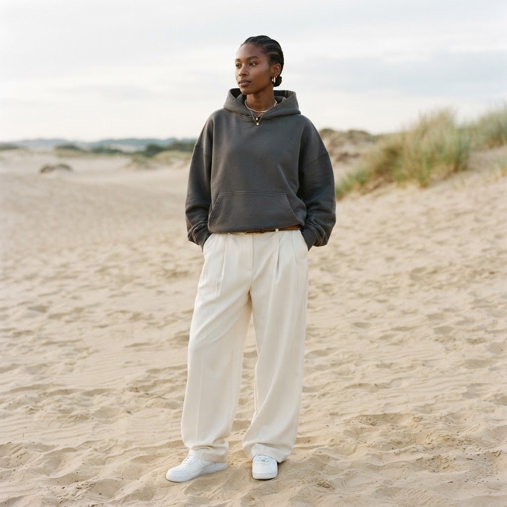 An oversized boxy hoodie with wide leg trousers and clean sneakers, the base of how to style an oversized hoodie.