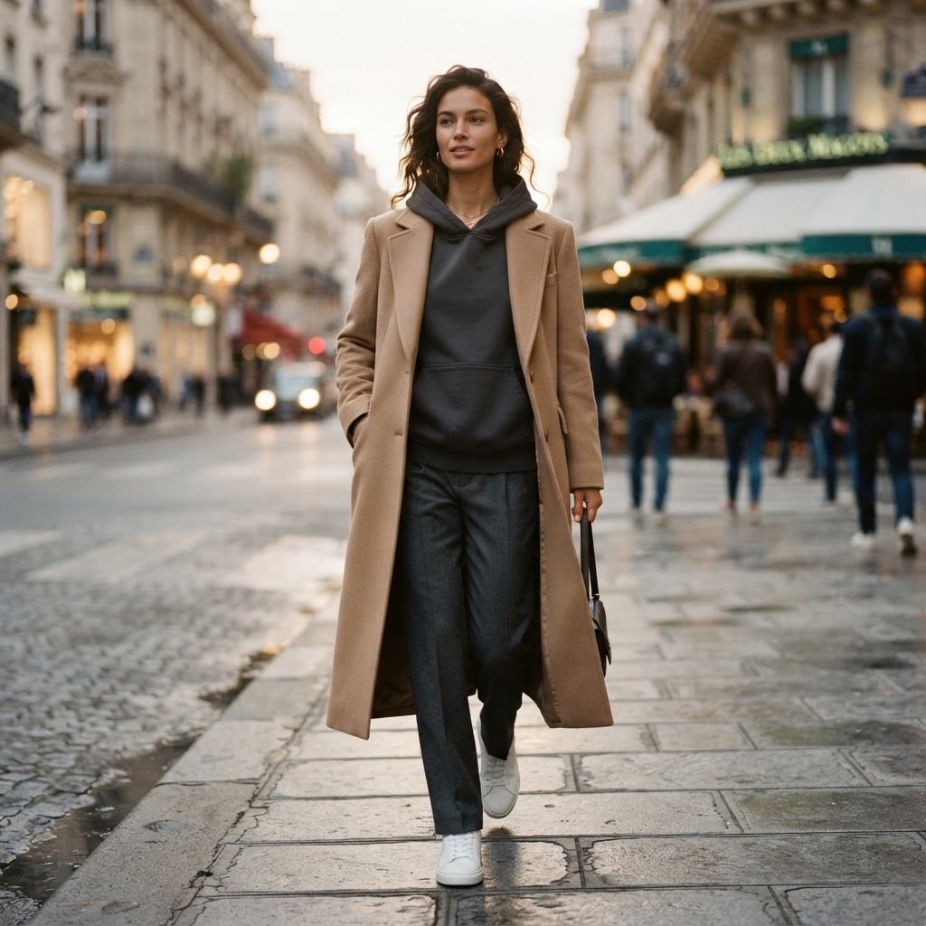 Charcoal hoodie worn under a long camel wool overcoat with straight leg trousers and white sneakers