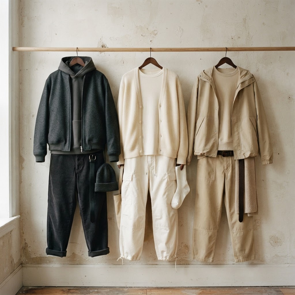 Fall streetwear outfit in charcoal, ivory, and sand tones showing a balanced two color layering palette