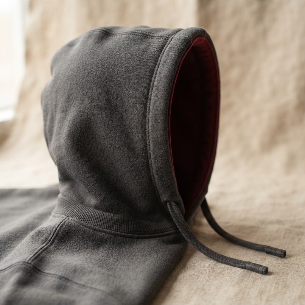 Close up of a double layered hoodie hood with a red inner lining