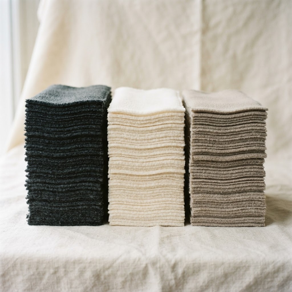 Stacks of cotton fleece in different weights showing what hoodie GSM measures, soft natural light.