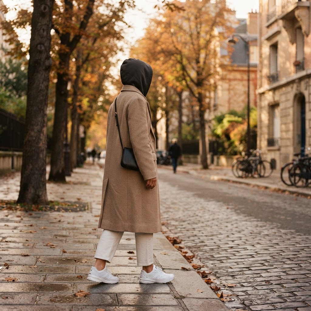 Heavyweight charcoal hoodie worn under a long sand colored coat with straight leg trousers and white sneakers