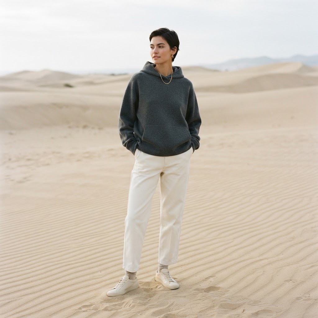 A quiet luxury streetwear look in a minimal charcoal hoodie and ivory trousers, soft natural light.