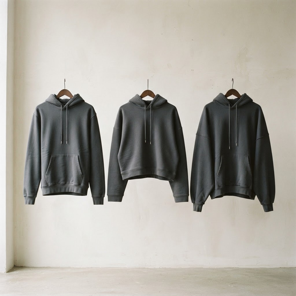 Regular fit, boxy fit and oversized drop shoulder hoodies hanging side by side