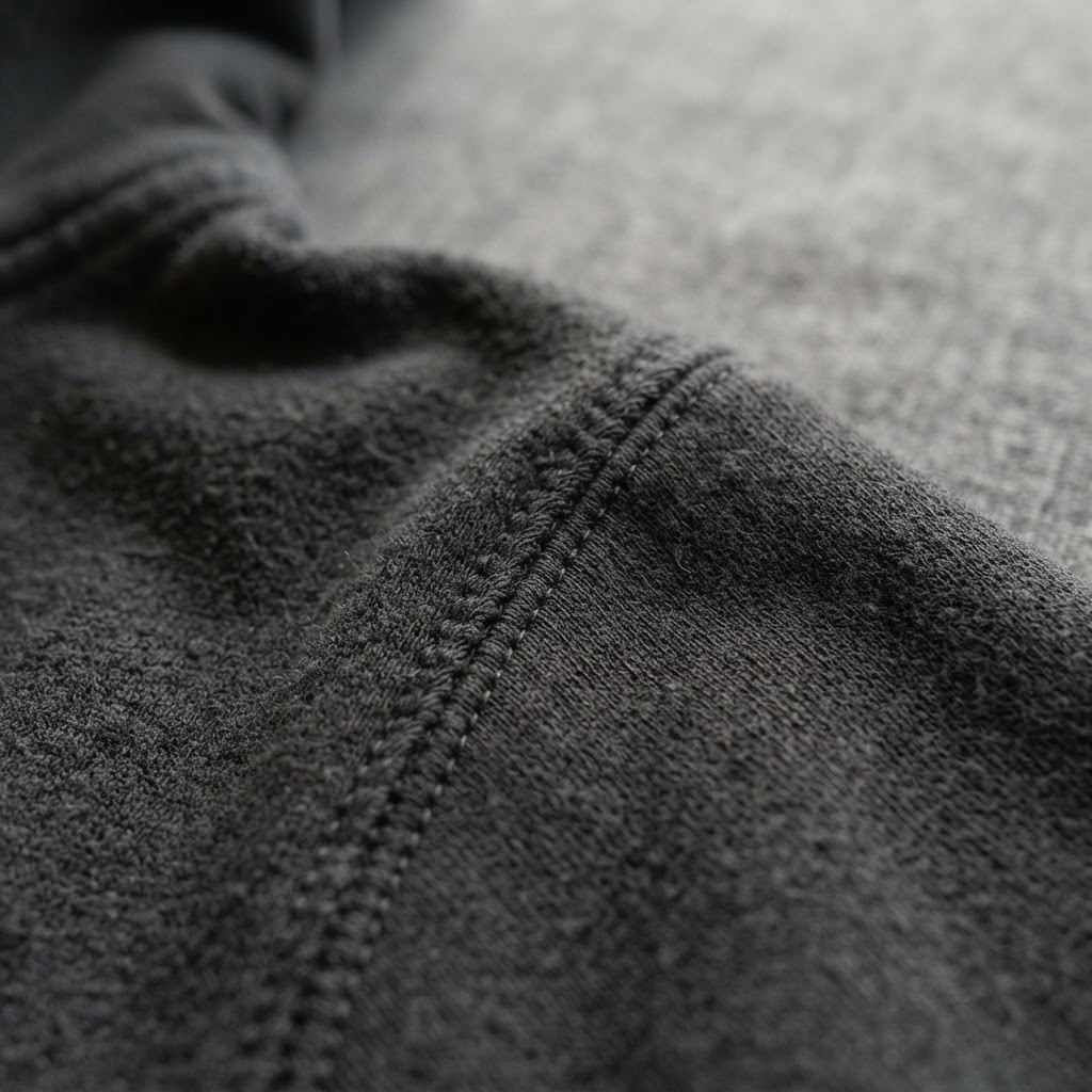 Close up of double needle stitching along a heavyweight hoodie shoulder seam