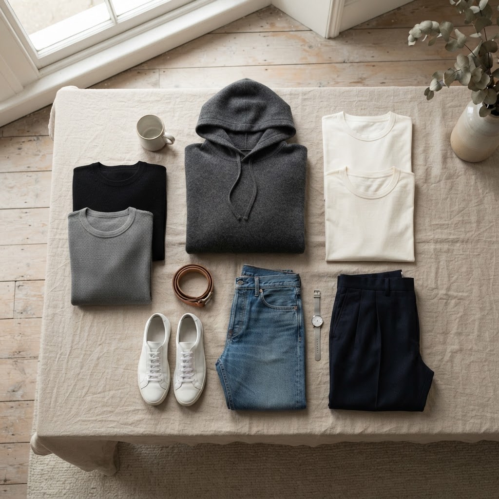 A flat lay of elevated basics in neutral tones for a minimalist wardrobe, soft natural light.