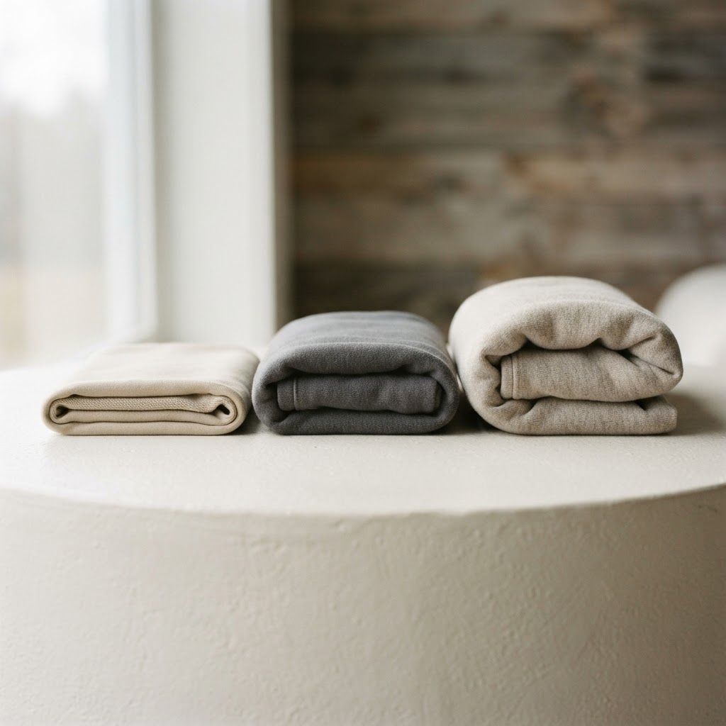 Three hoodie fabric swatches arranged from thin to thick to show lightweight, midweight and heavyweight GSM