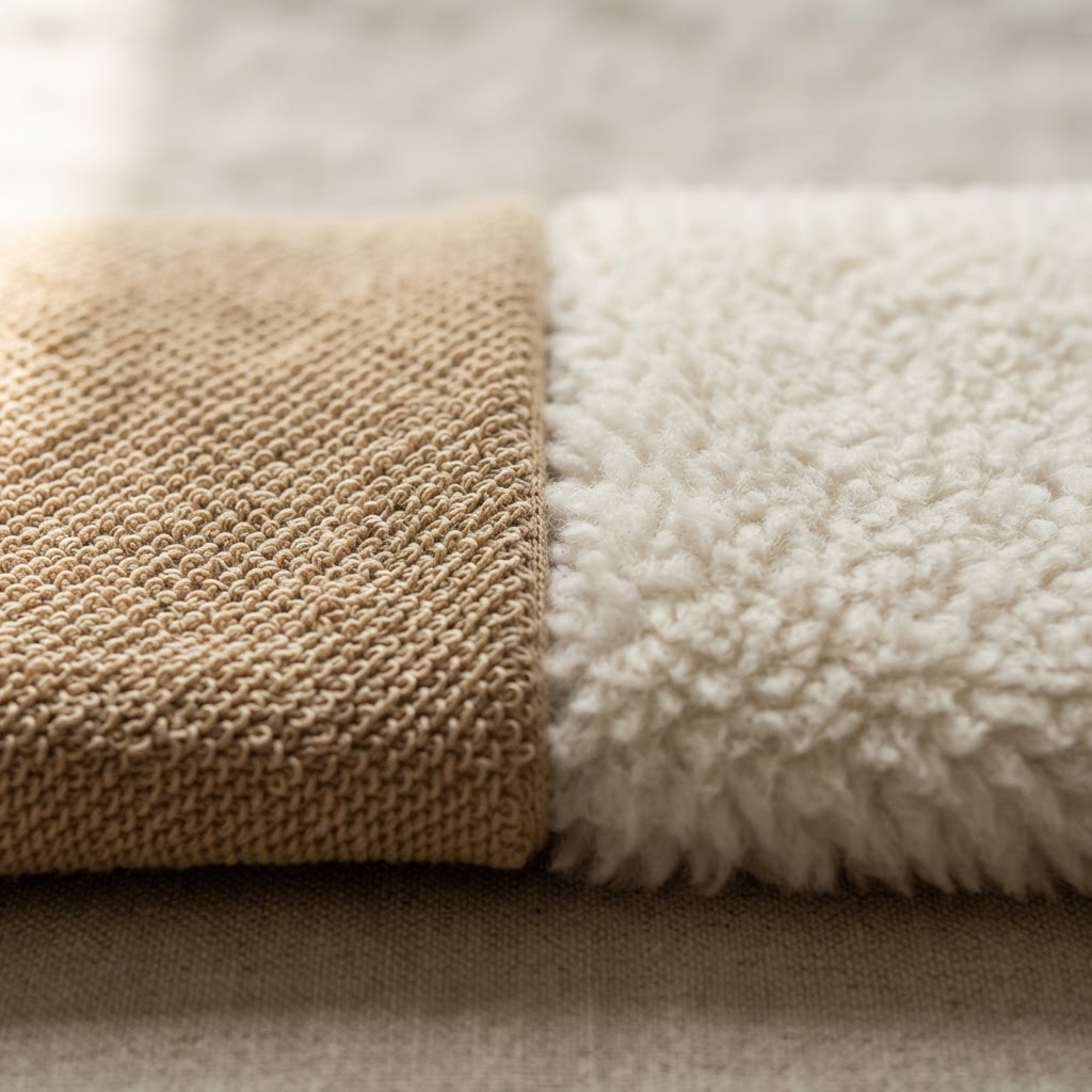 Close up of French terry loops next to brushed fleece on the inside of two hoodie fabrics