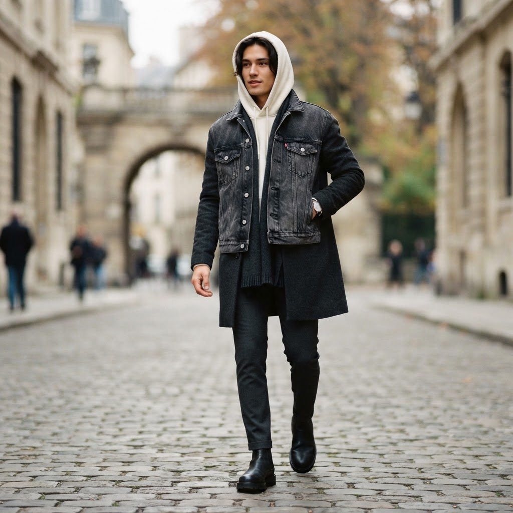 Ivory hoodie layered under a washed black denim jacket with the hood pulled over the collar