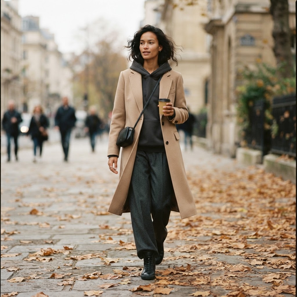 Model wearing a charcoal heavyweight hoodie layered under a sand colored overcoat on a fall street
