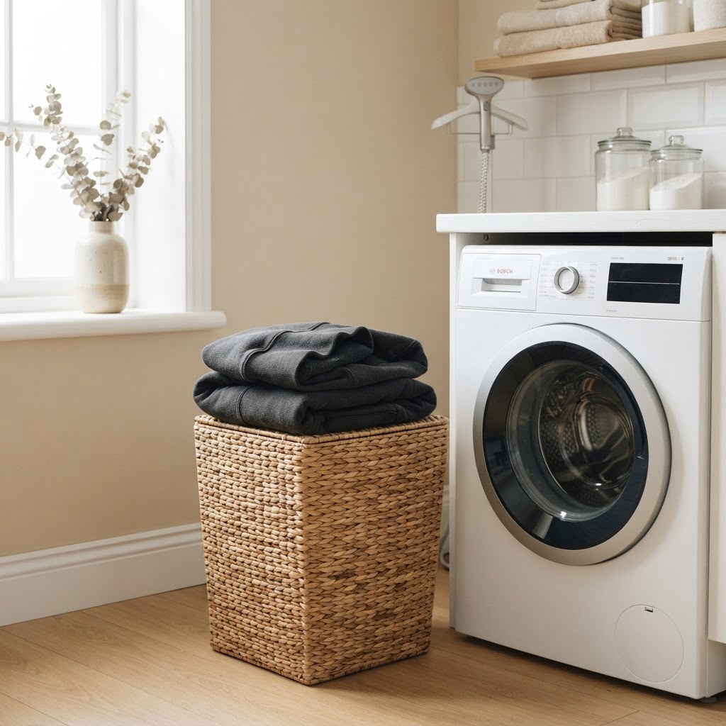 Heavyweight hoodie turned inside out on a laundry basket next to a washing machine