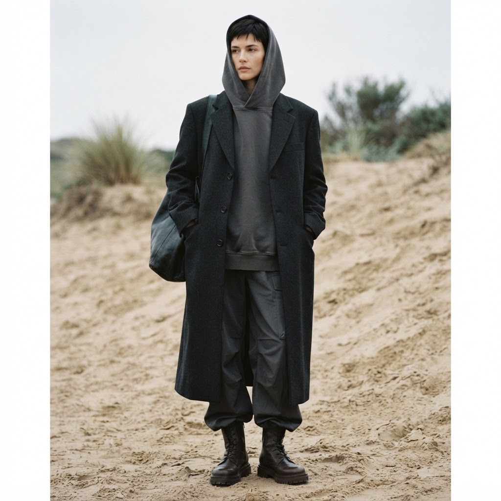 An oversized hoodie under a structured coat, the dressed up way how to style an oversized hoodie.