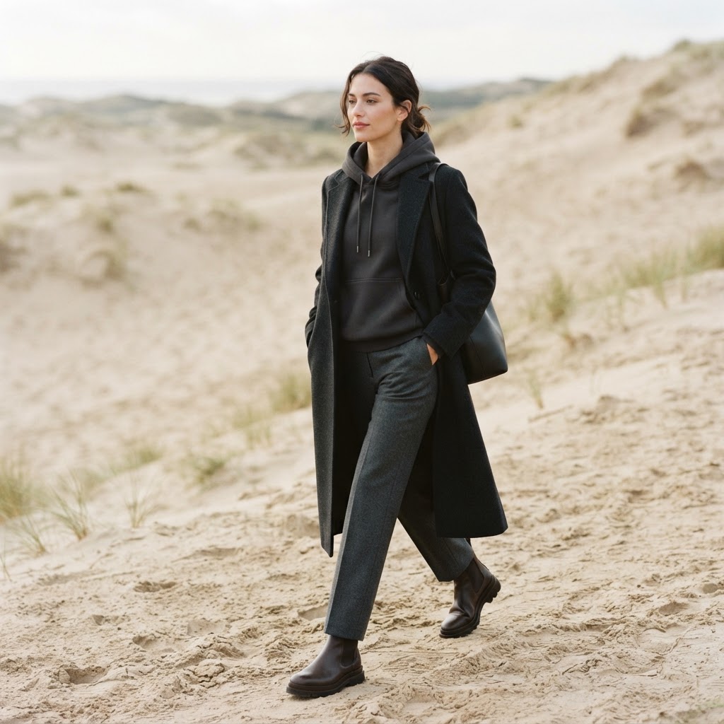 A wearable luxury fashion look, a heavyweight hoodie under a long coat for everyday wear.