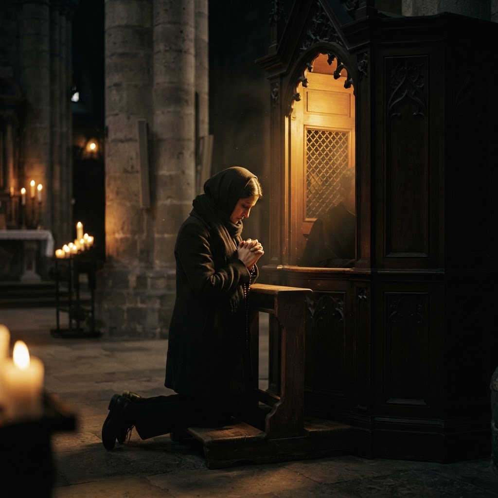 A penitent kneeling before an open wooden confessional in warm candlelight