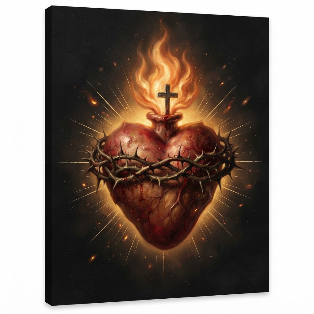 Icon of the Sacred Heart of Jesus: Christ in a red tunic and blue mantle, His right hand raised in blessing, a radiant thorn-crowned heart upon His breast, against a gold ground.